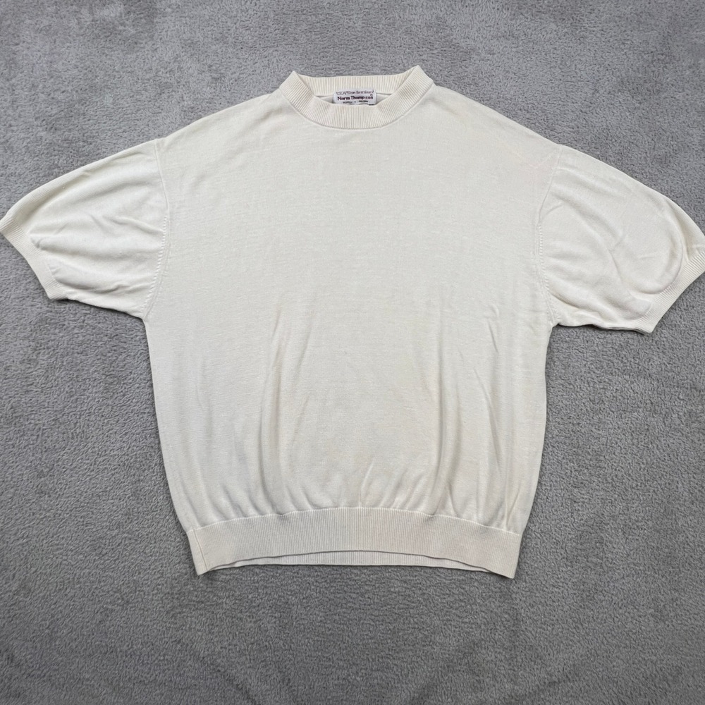 VTG Norm Thompson Silk Cotton Sweater Mens Large Cream Short Sleeve Knit Retro